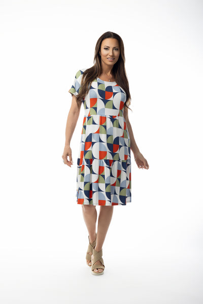 Pure Essence Geometric Print Short Sleeve Tiered Dress - White/Multicolor