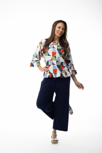 Pure Essence 3/4 Sleeve Geometric Print Peplum Hem Top - White/Multicolor