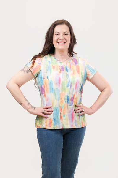 Pure Essence Round Neck Short Sleeve Textured Knit Top - Pastel Multicolor