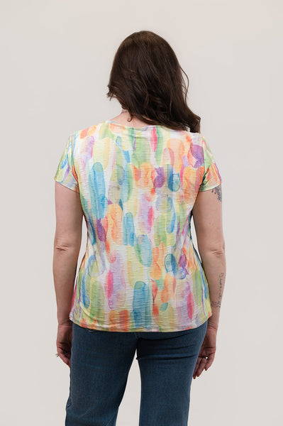 Pure Essence Round Neck Short Sleeve Textured Knit Top - Pastel Multicolor