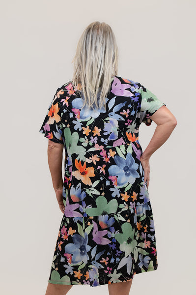 Pure Essence Short Sleeve Scoop Neck Tiered Dress - Black/Multicolor