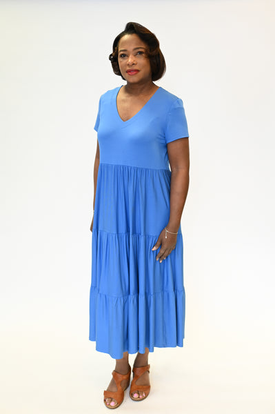 Pure Essence Short Sleeve V-Neck Tiered Bamboo Midi Dress - Mykonos Blue