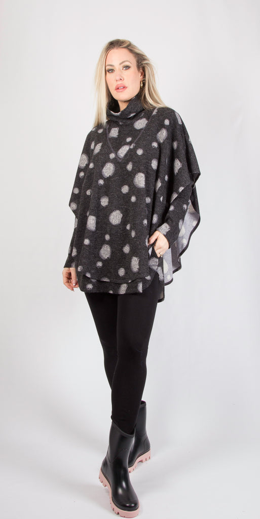 Pure Essence Two Piece Abstract Dot Print Cowl Neck Poncho Top - Charcoal