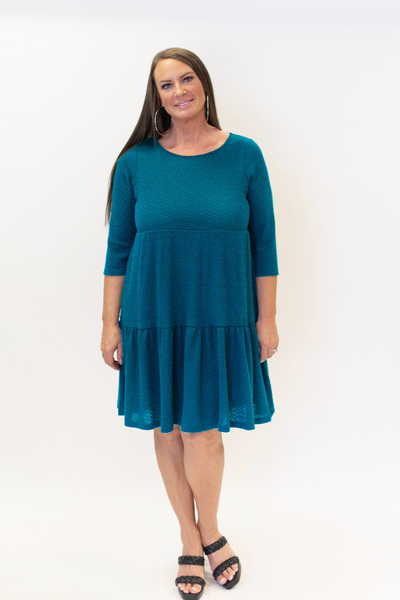 Pure Essence 3/4 Sleeve Round Neck Tiered Crinkle Knit Dress - Teal