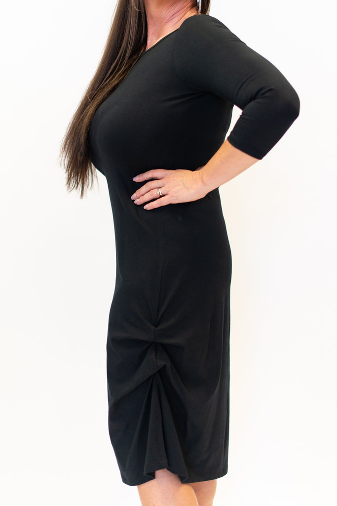 Pure Essence 3/4 Sleeve Adjustable Ruched Hemline Bamboo Jersey Knit Dress - Black