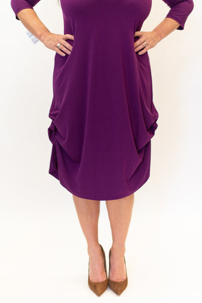 Pure Essence 3/4 Sleeve Adjustable Ruched Hemline Bamboo Jersey Knit Dress - Grape