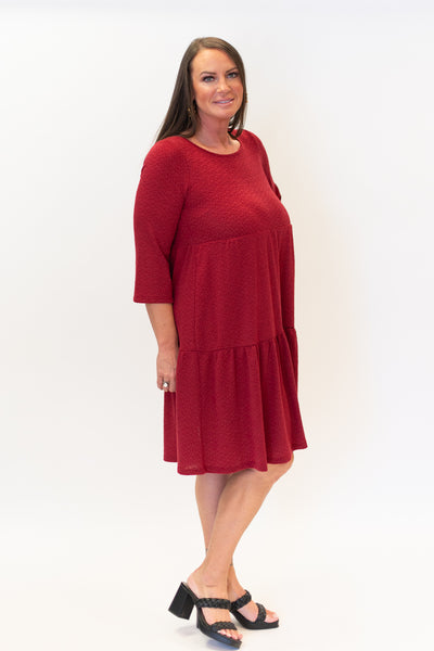 Pure Essence 3/4 Sleeve Round Neck Tiered Crinkle Knit Dress - Poppy