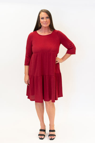 Pure Essence 3/4 Sleeve Round Neck Tiered Crinkle Knit Dress - Poppy