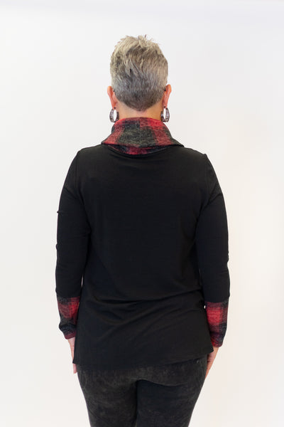 Pure Essence Plaid Cowl & Cuff Mixed Media Bamboo Terry Top - Red/Black *Take an EXTRA 1/2 Off*