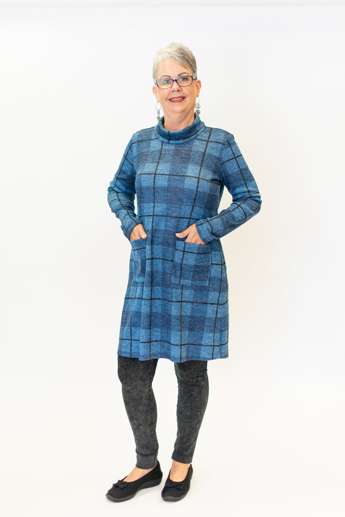 Pure Essence Plaid Cowl Neck Tunic Dress with Pockets - Denim Blue