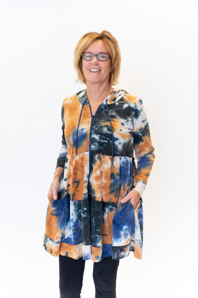 Pure Essence Hooded Zip Front Tie Dye Tunic Dress - Indigo/Clay