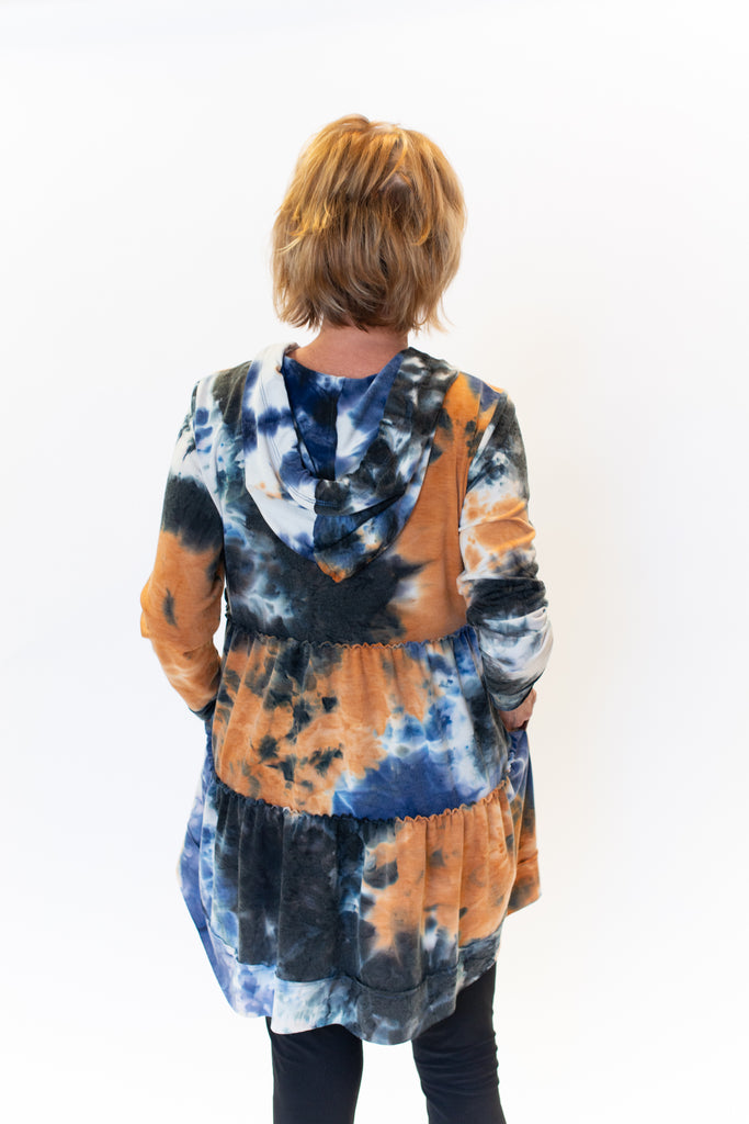Pure Essence Hooded Zip Front Tie Dye Tunic Dress - Indigo/Clay *Take an EXTRA 1/2 Off*