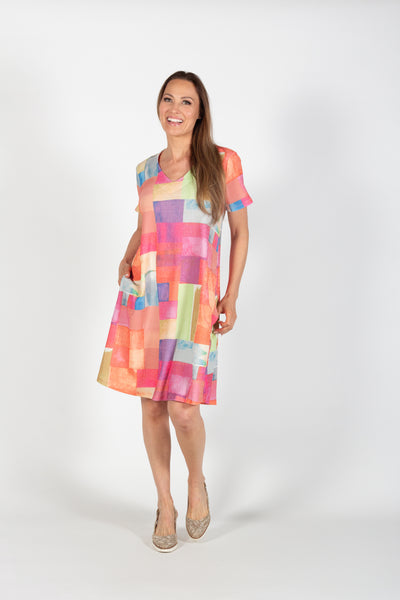 Pure Essence Madras Print Short Sleeve V-Neck Dress - Multicolor