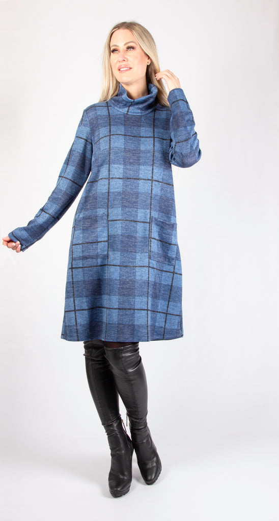Pure Essence Plaid Cowl Neck Tunic Dress with Pockets - Denim Blue