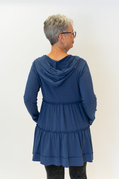 Pure Essence Hooded Zip Front Bamboo Terry Tunic Dress - Indigo