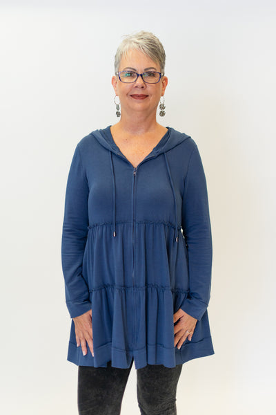 Pure Essence Hooded Zip Front Bamboo Terry Tunic Dress - Indigo