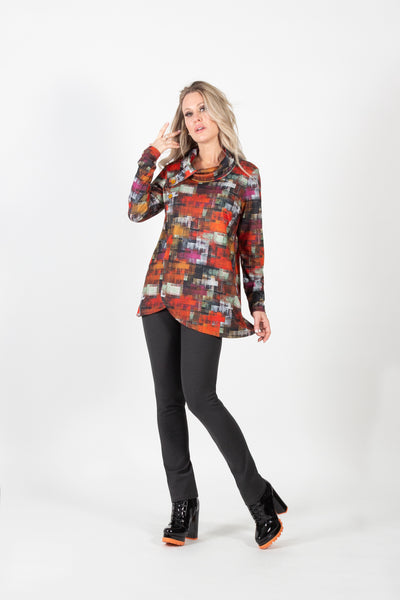 Pure Essence Pixelated Print Tab Collar Overlay Tunic - Multicolor