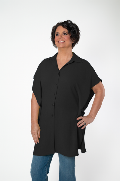 Pure Essence Short Sleeve Button Front Kaftan Blouse - Black