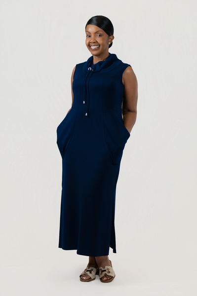 Pure Essence Sleeveless Cowl Neck Lightweight Knit Midi Dress - Navy