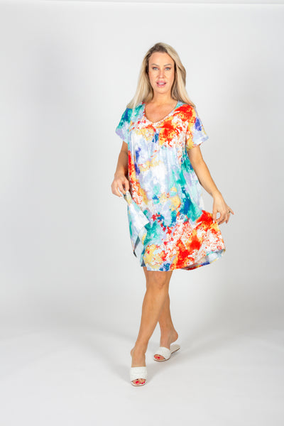 Pure Essence Splash Print V-Neck T-Shirt Dress - Multicolor