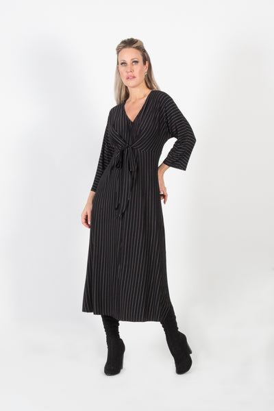 Pure Essence Tie Front V-Neck Pinstripe Print Midi Dress - Black/Ivory