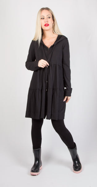 Pure Essence Hooded Zip Front Bamboo Terry Tunic Dress - Black