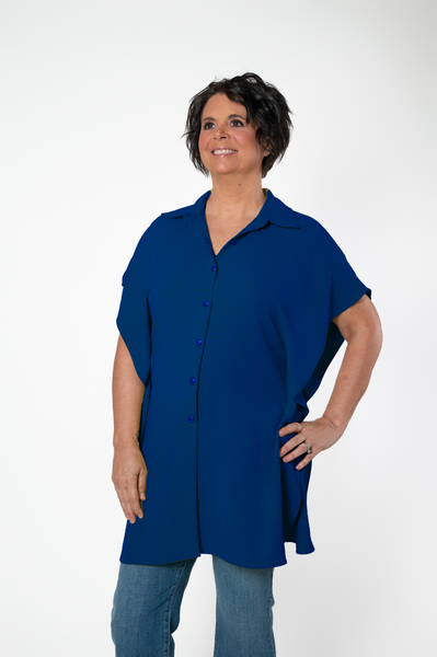 Pure Essence Short Sleeve Button Front Kaftan Blouse - Sapphire