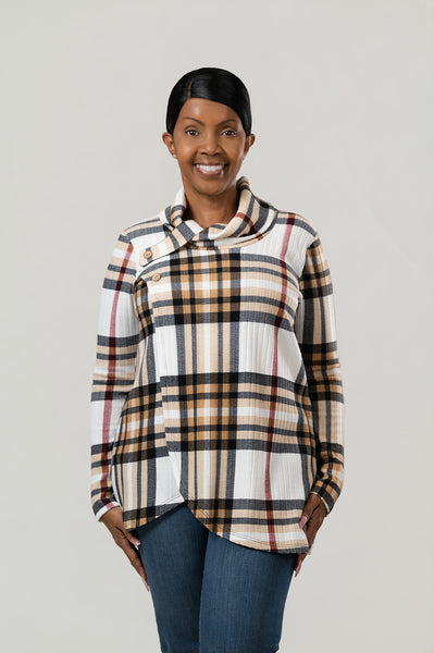 Pure Essence Plaid Tab Collar Overlay Tunic - Mocha/Multicolor