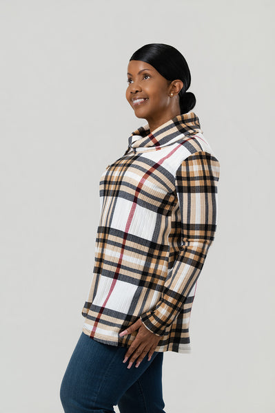 Pure Essence Plaid Tab Collar Overlay Tunic - Mocha/Multicolor