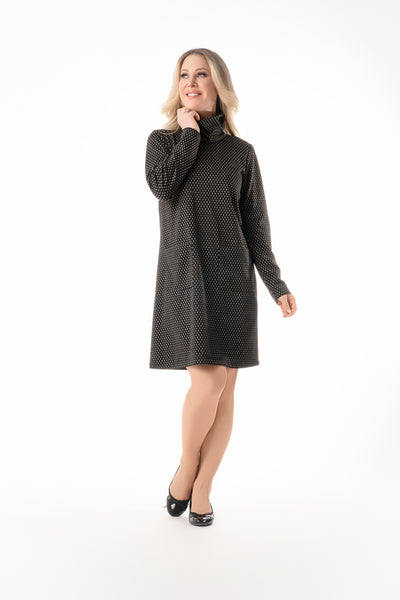 Pure Essence Dotted Jacquard Cowl Neck Tunic Dress - Black/Ivory