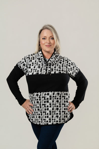 Pure Essence Drawstring Cowl Neck Mixed Media Tunic - Black/Snow