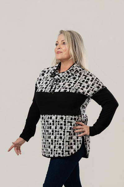 Pure Essence Drawstring Cowl Neck Mixed Media Tunic - Black/Snow