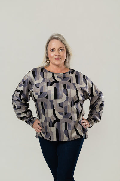 Pure Essence Geometric Print Boxy Top - Grey/Taupe