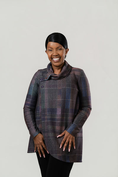 Pure Essence Plaid Tab Collar Overlay Tunic - Mauve/Purple