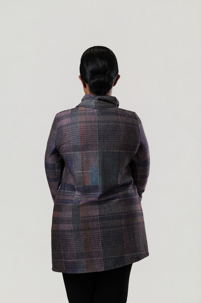 Pure Essence Plaid Tab Collar Overlay Tunic - Mauve/Purple