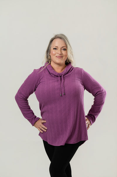 Pure Essence Cable Knit Drawstring Cowl Neck Tunic - Plum