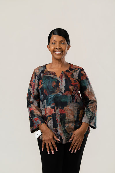 Pure Essence Abstract Print Split Neck Long Sleeve Tunic - Multicolor