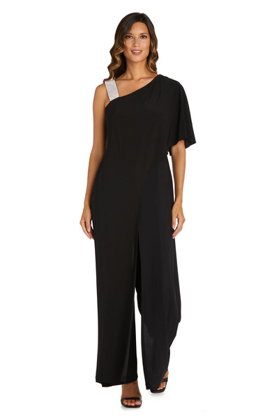RM Richards Asymmetric Neckline Rhinestone Strap Jumpsuit - Black