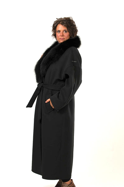 Rafaello Cashmere Blend Maxi Wrap Coat with Removable Fox Fur Collar - Black