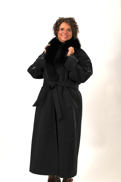 Rafaello Cashmere Blend Maxi Wrap Coat with Removable Fox Fur Collar - Black