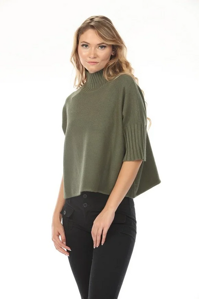 Rain + Rose Aria Pleated Sleeve Mock Neck Sweater - Olive