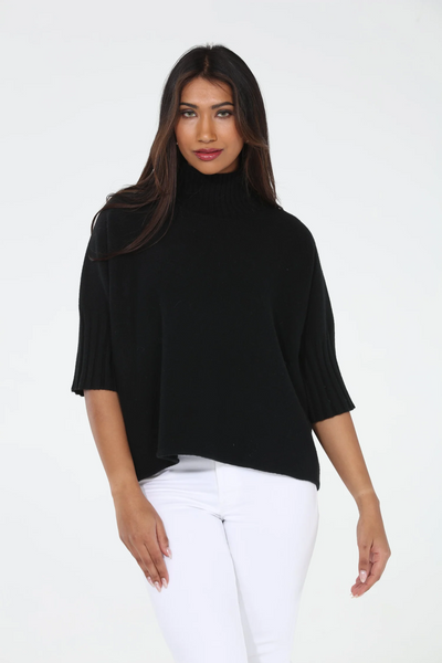 Rain + Rose Aria Pleated Sleeve Mock Neck Sweater - Black
