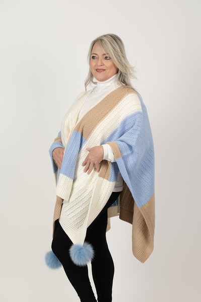 Rippe's Furs Button Front Color Block Poncho with Fox Fur Poms - Blue/Multicolor