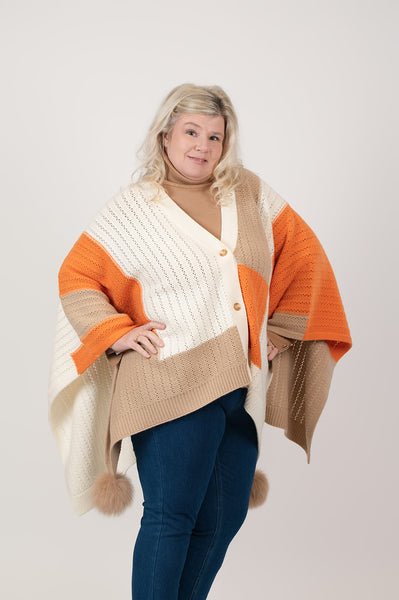 Rippe's Furs Button Front Color Block Poncho with Fox Fur Poms - Orange/Multicolor