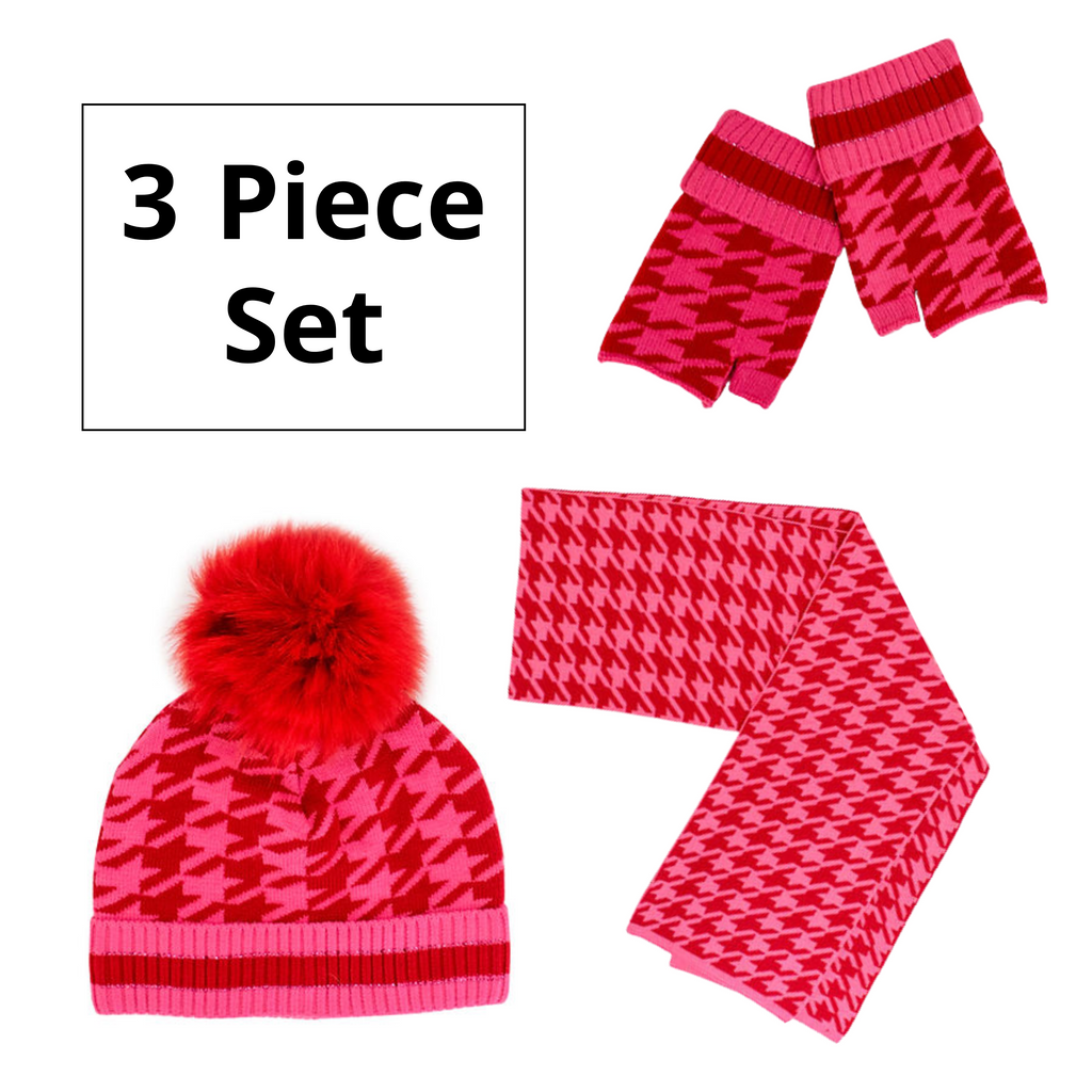 Rippe s Furs Crystal Embellished Houndstooth Print 3 Piece Hat Scarf Glove Set Red Pink