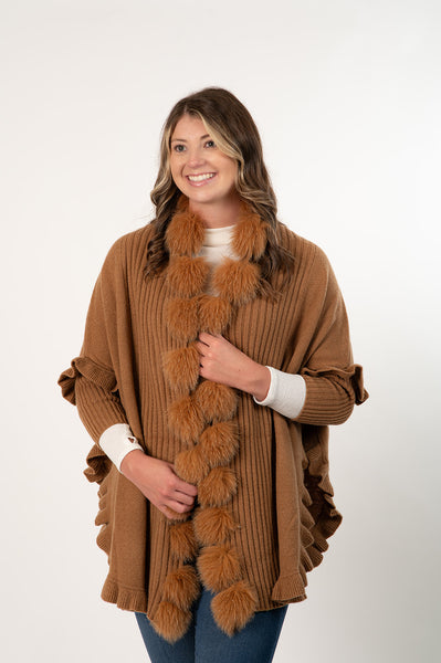 Rippe's Furs Fox Fur Trim Ruffled Wool Wrap - Camel