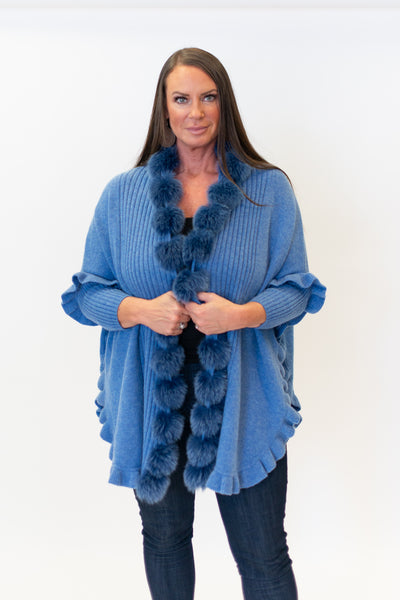 Rippe's Furs Fox Fur Trim Ruffled Wool Wrap - Denim