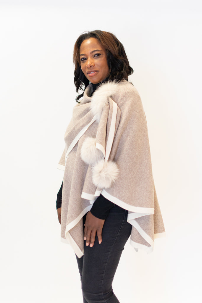 Rippe's Furs Fox Fur Trim Wool Shoulder Loop Wrap - Beige/Ivory