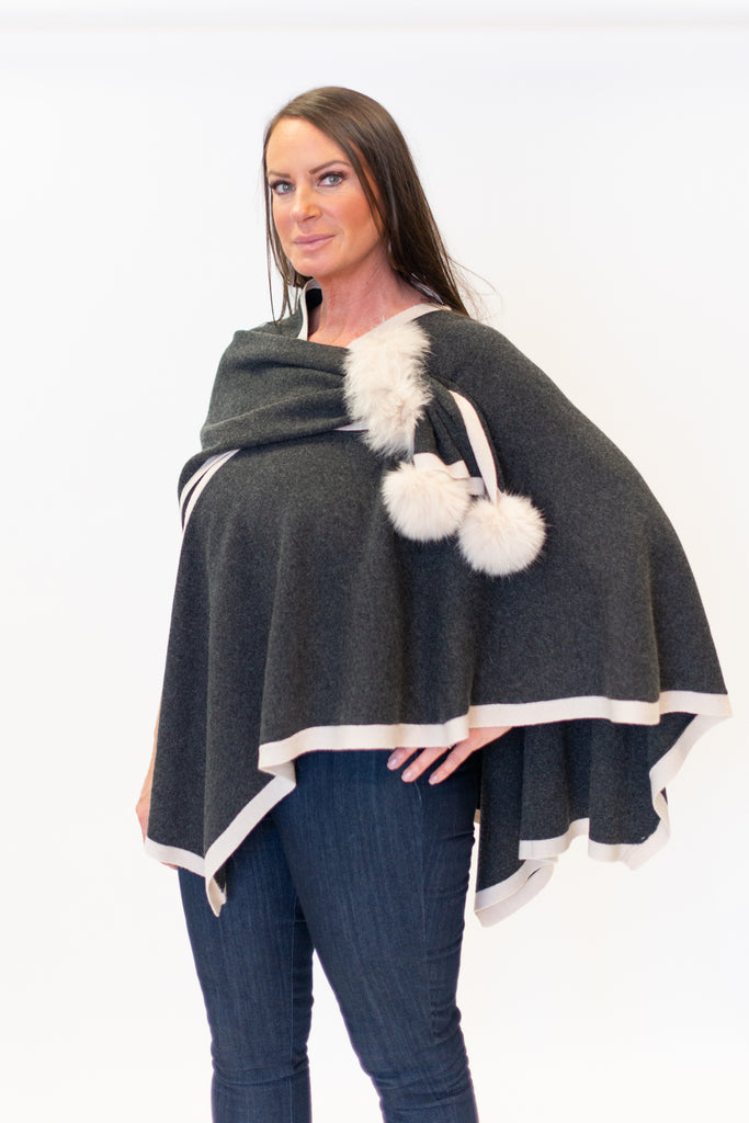 Rippe's Furs Fox Fur Trim Wool Shoulder Loop Wrap - Charcoal/Pearl