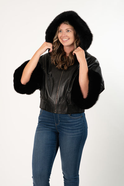 Rippe's Furs Fox Fur Trimmed Short Leather Jacket - Black